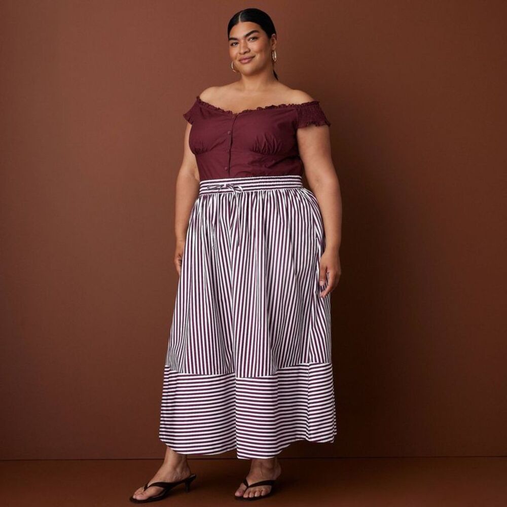 Women's Drawstring Poplin Striped Full Midi Skirt - Rosie Assoulin Burgundy 2X